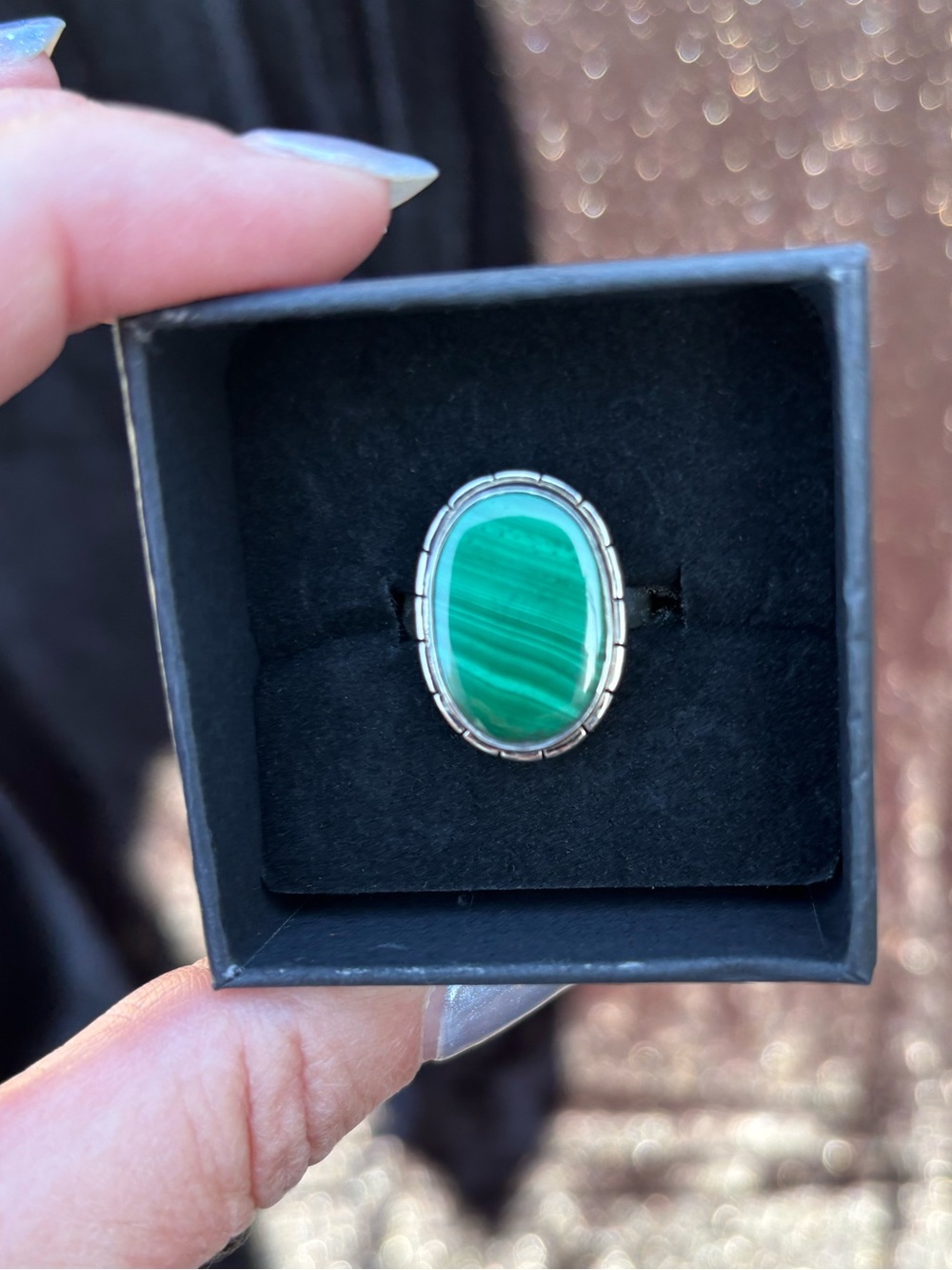 Sterling Silver Oval Malachite Statement Ring Size 7